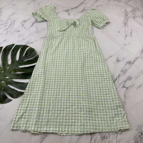 Roxy Houndstooth Midi Dress Size S Mint Green White Puff Sleeve Pastel - Picture 1 of 10